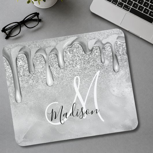 Chique zilveren ombre glitterdruppels monogram muismat
