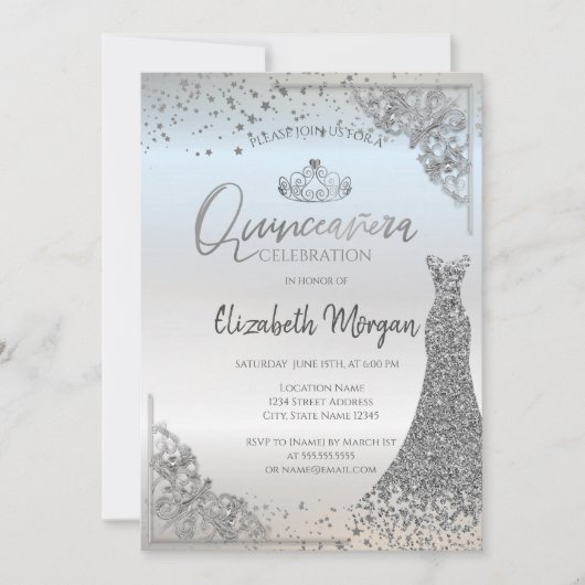 Chique zilveren tiara jurk sterren quinceañera kaart (Voorkant)