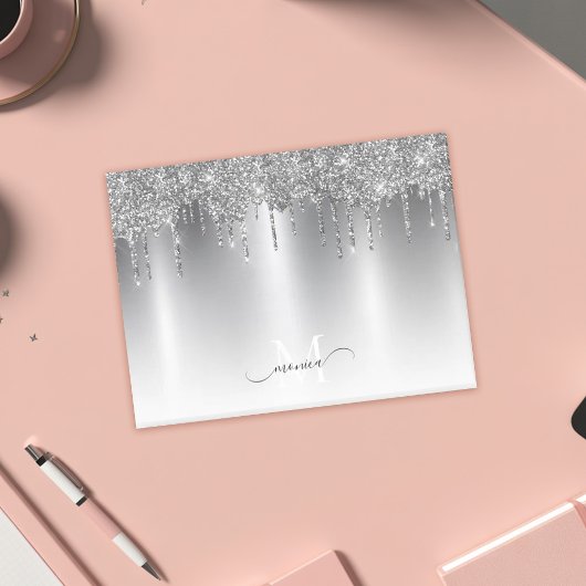 Chique zilvergrijs Dripping Glitter Monogram Naam Post-it® Notes