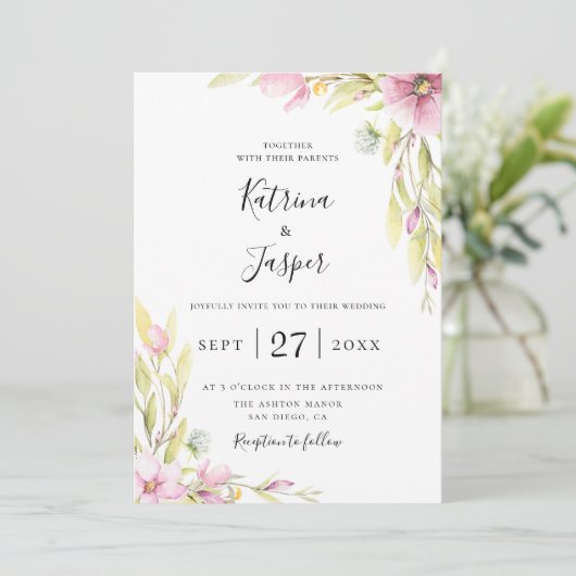 Chique zomer Wildbloemen bruiloft uitnodiging (Staand voorkant)