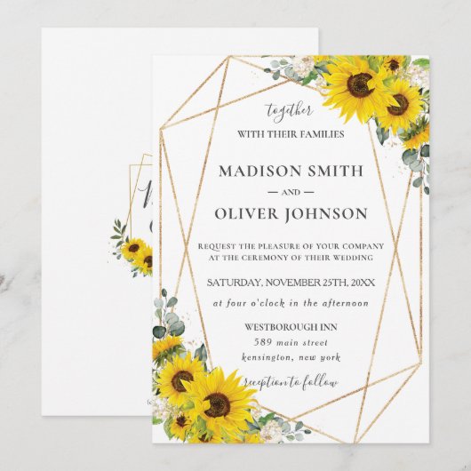 Chique Zonnebloem Bloemen Goud Geometrische Bruilo Kaart (Voorkant / Achterkant)