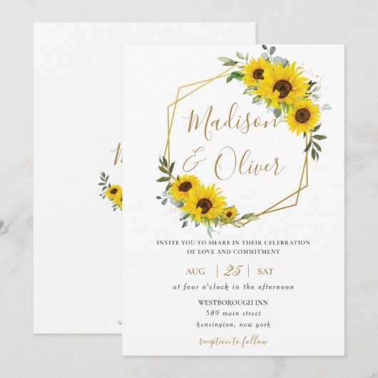 Chique Zonnebloem Bloemen Goud Geometrische Bruilo Kaart (Voorkant / Achterkant)