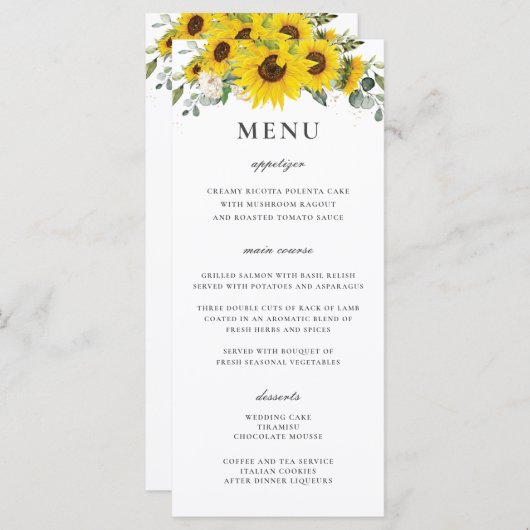 Chique Zonnebloem Bloemen Groen Bruiloft Menu (Voorkant / Achterkant)
