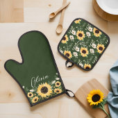 Chique Zonnebloem Bloemen Patroon Aangepaste Scrip Ovenwant & Pannenlap Set