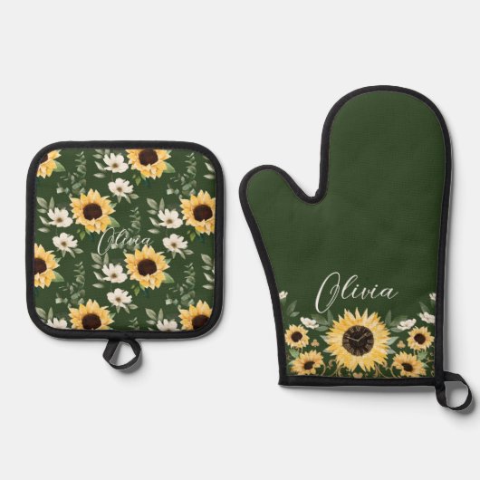 Chique Zonnebloem Bloemen Patroon Aangepaste Scrip Ovenwant & Pannenlap Set (Voorkant)