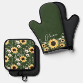 Chique Zonnebloem Bloemen Patroon Aangepaste Scrip Ovenwant & Pannenlap Set (Voorkant / Achterkant)