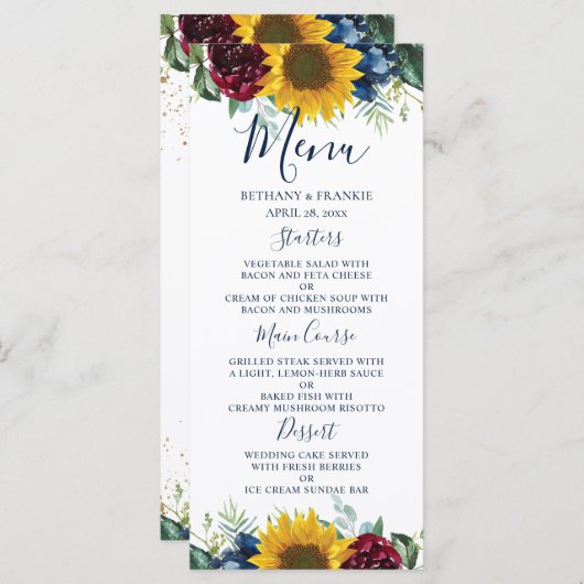 Chique Zonnebloem Burgundy Navy Blauwe Bloemige Br Menu (Voorkant / Achterkant)