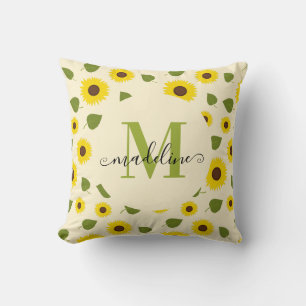 Chique Zonnebloem Geel Groene Blad Script Monogram Kussen