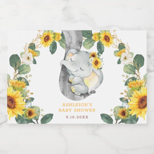 Chique Zonnebloem Olifant Baby shower 1e Verjaarda Sparkling Wijnetiket (Enkel label)