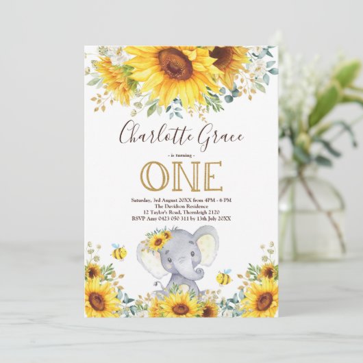 Chique Zonnebloem Olifant Groenelementen Goud 1e V Kaart (Staand voorkant)