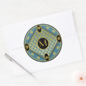 Chique Zwart & Blauwgroen Art Deco Fan Patroon Mon Ronde Sticker (Envelop)