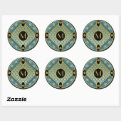 Chique Zwart & Blauwgroen Art Deco Fan Patroon Mon Ronde Sticker (Vel)