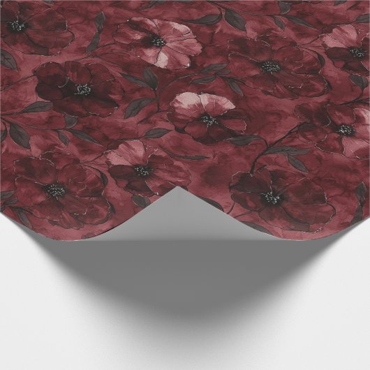 Chique zwart-bordeauxrood bloem bruiloft cadeaupapier (Hoek)
