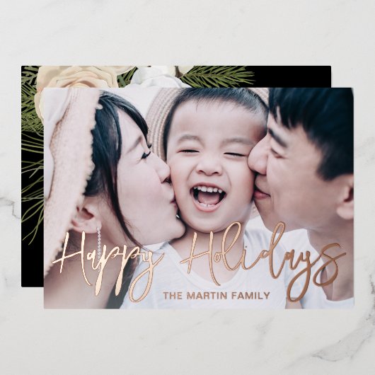 Chique zwart botanische volledige foto kerst folie feestdagenkaart (Voorkant / Achterkant)
