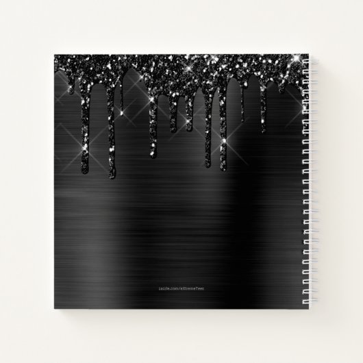 Chique zwart druppelen glitter geborsteld metaal s notitieboek (Achterkant)