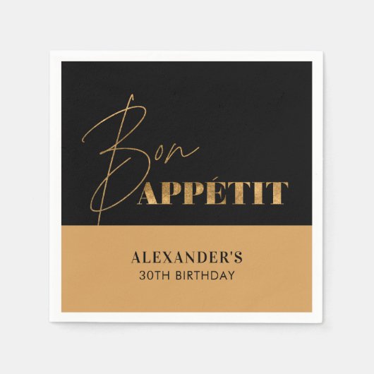 Chique Zwart en Goud Bon Appétit Script Verjaardag Servet (Voorkant)
