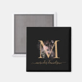 Chique zwart en goud script bloemrijk monogram magneet (Voorkant / Achterkant)