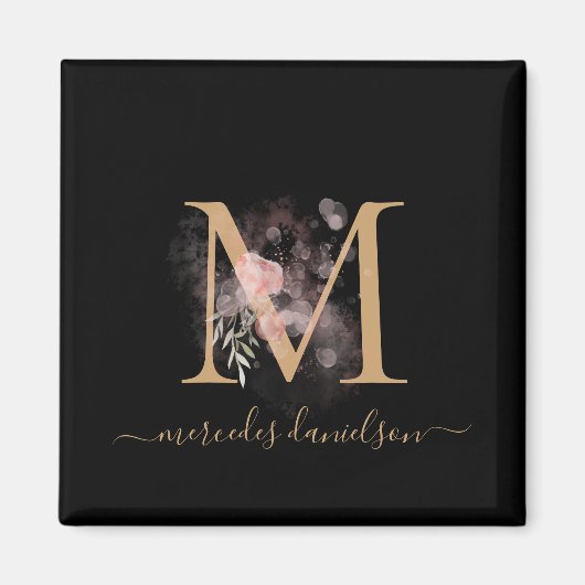 Chique zwart en goud script bloemrijk monogram magneet (Voorkant)