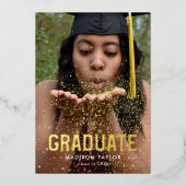 Chique Zwart en Gouden Folie Foto Graduation Party Folie Uitnodiging (Voorkant)