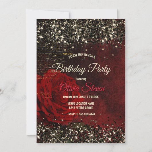 Chique zwart en rood en goud bloem glitter monogra kaart (Voorkant)