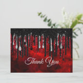 Chique zwart en rood en zilver druppels glitter bedankkaart (Staand voorkant)