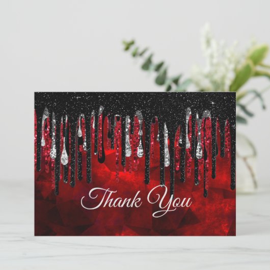 Chique zwart en rood en zilver druppels glitter bedankkaart (Staand voorkant)
