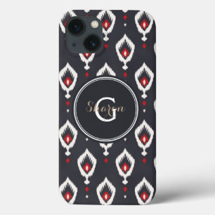 Chique zwart en rood ikat tribal patroon monogram iPhone 13 hoesje
