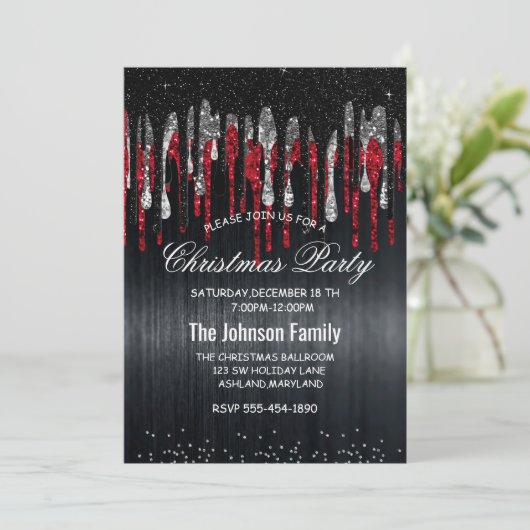 Chique zwart en rood zilver glitter druipt Kerstmi Kaart (Staand voorkant)