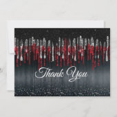 Chique zwart en rood zilver glitter druppels bedankkaart (Voorkant)