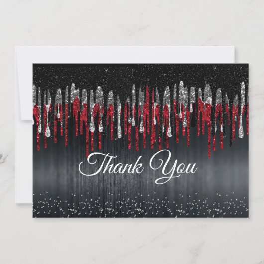 Chique zwart en rood zilver glitter druppels bedankkaart (Voorkant)