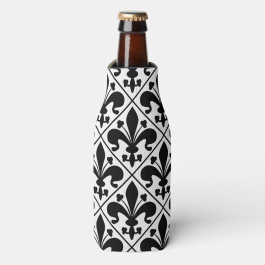 Chique zwart en wit Fleur de Lis Flesjeskoeler (Fles Voorkant)