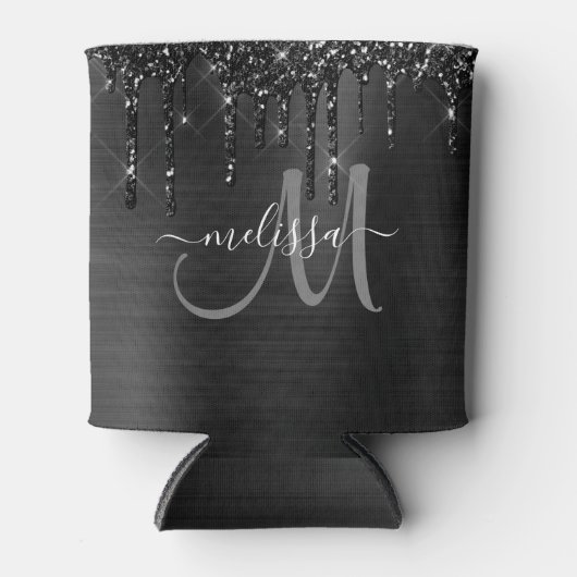 Chique Zwart Geborsteld Metaal Dripping Glitter Mo Blikjeskoeler (Voorkant)