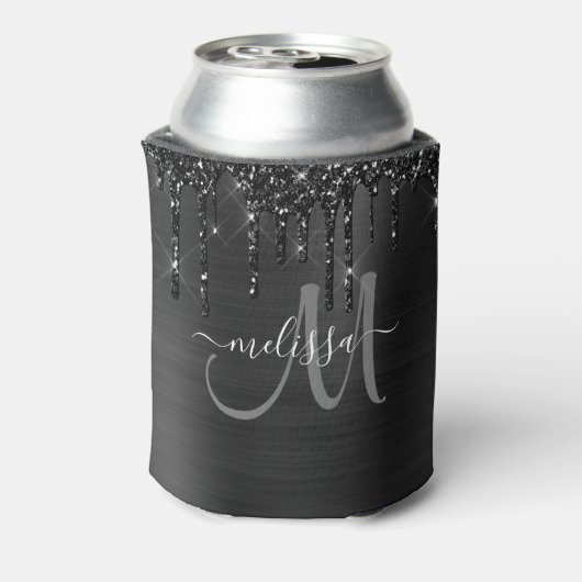 Chique Zwart Geborsteld Metaal Dripping Glitter Mo Blikjeskoeler (Blikje Achterkant)