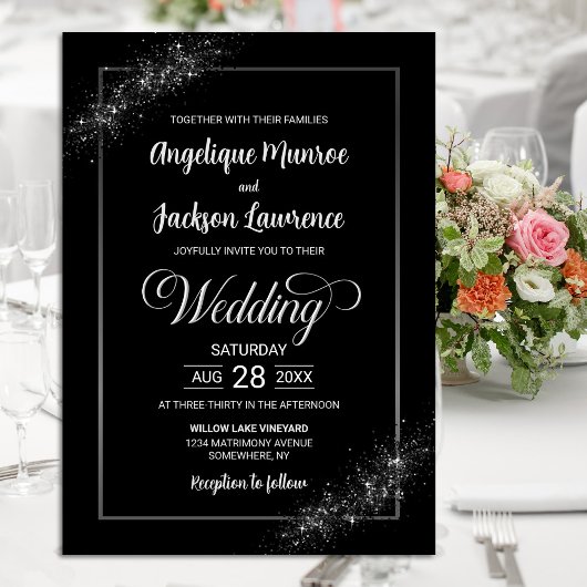 Chique zwart glitter bruiloft kaart