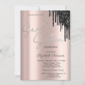 Chique zwart glitter druppels, Roos goudzoet 16 Kaart (Voorkant)