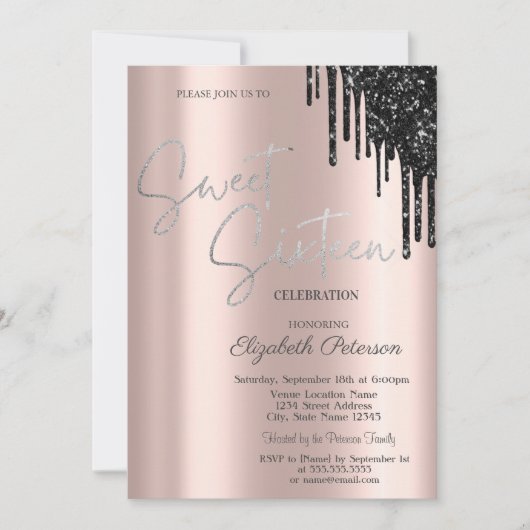 Chique zwart glitter druppels, Roos goudzoet 16 Kaart (Voorkant)