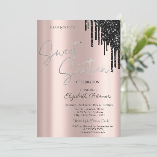 Chique zwart glitter druppels, Roos goudzoet 16 Kaart (Staand voorkant)