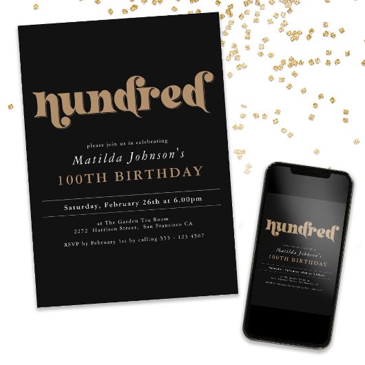 Chique Zwart Goud 100e Verjaardagsfeestuitnodiging Kaart
