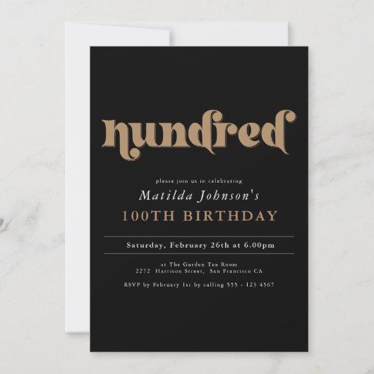 Chique Zwart Goud 100e Verjaardagsfeestuitnodiging Kaart (Voorkant)