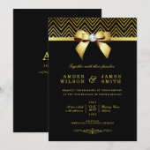 Chique Zwart Goud Chevrons Diamant Bow Bruiloft Kaart (Voorkant / Achterkant)