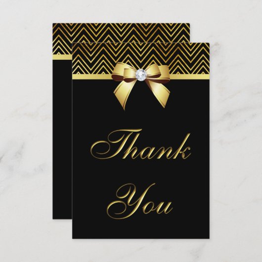 Chique Zwart Goud Chevrons Diamant Bow Dank u Bedankkaart (Voorkant / Achterkant)