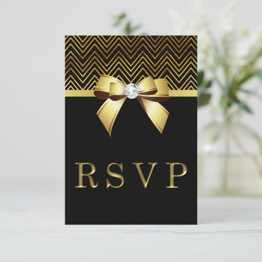 Chique Zwart Goud Chevrons Diamant Bow RSVP (Staand voorkant)