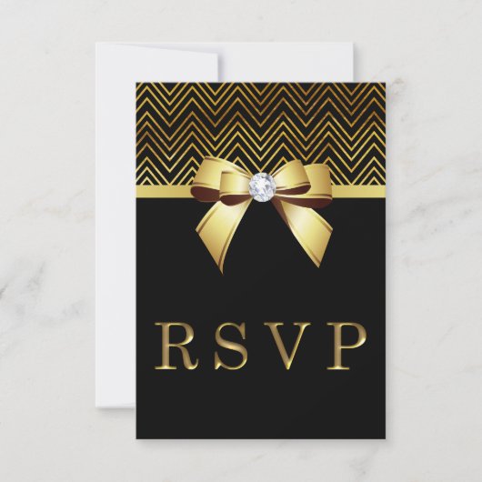 Chique Zwart Goud Chevrons Diamant Bow RSVP Kaartje (Voorkant)