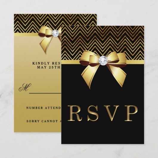 Chique Zwart Goud Chevrons Diamant Bow RSVP Kaartje (Voorkant / Achterkant)