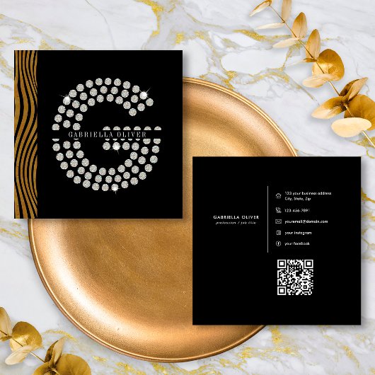 Chique Zwart Goud Diamant Initiaal G Monogram QR C Vierkante Visitekaartje
