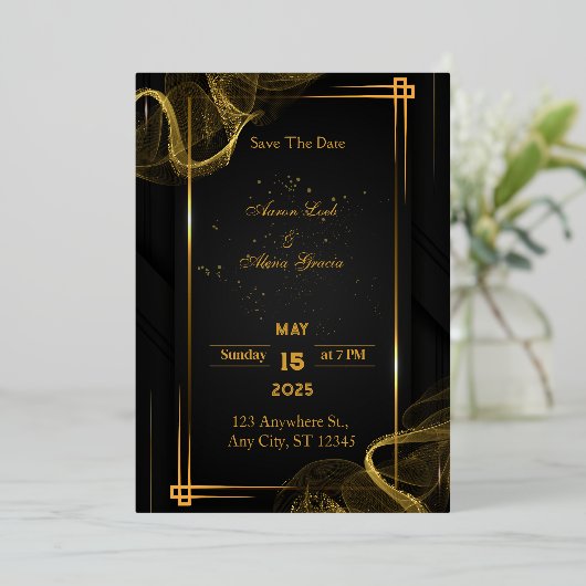 Chique Zwart & Goud Elegant Folie Uitnodiging (Staand Voorkant)