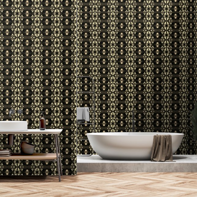 Chique Zwart Goud Geel Gem Patroon Wallpaper Behang (Badkamer)