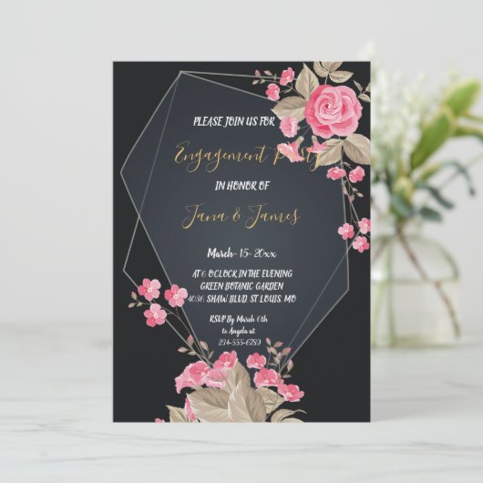 Chique Zwart & Goud Geometrisch lijst Verloving Kaart (Staand voorkant)