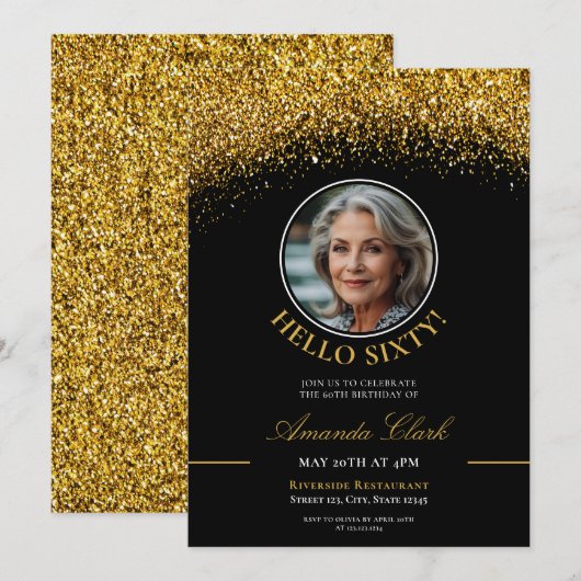 Chique Zwart & Goud Glitter Dames 60e Verjaardag Kaart (Voorkant / Achterkant)