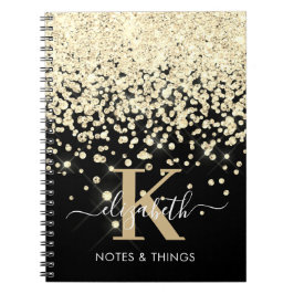 Chique Zwart Goud Glitters Diamant Monogram Initia Notitieboek
